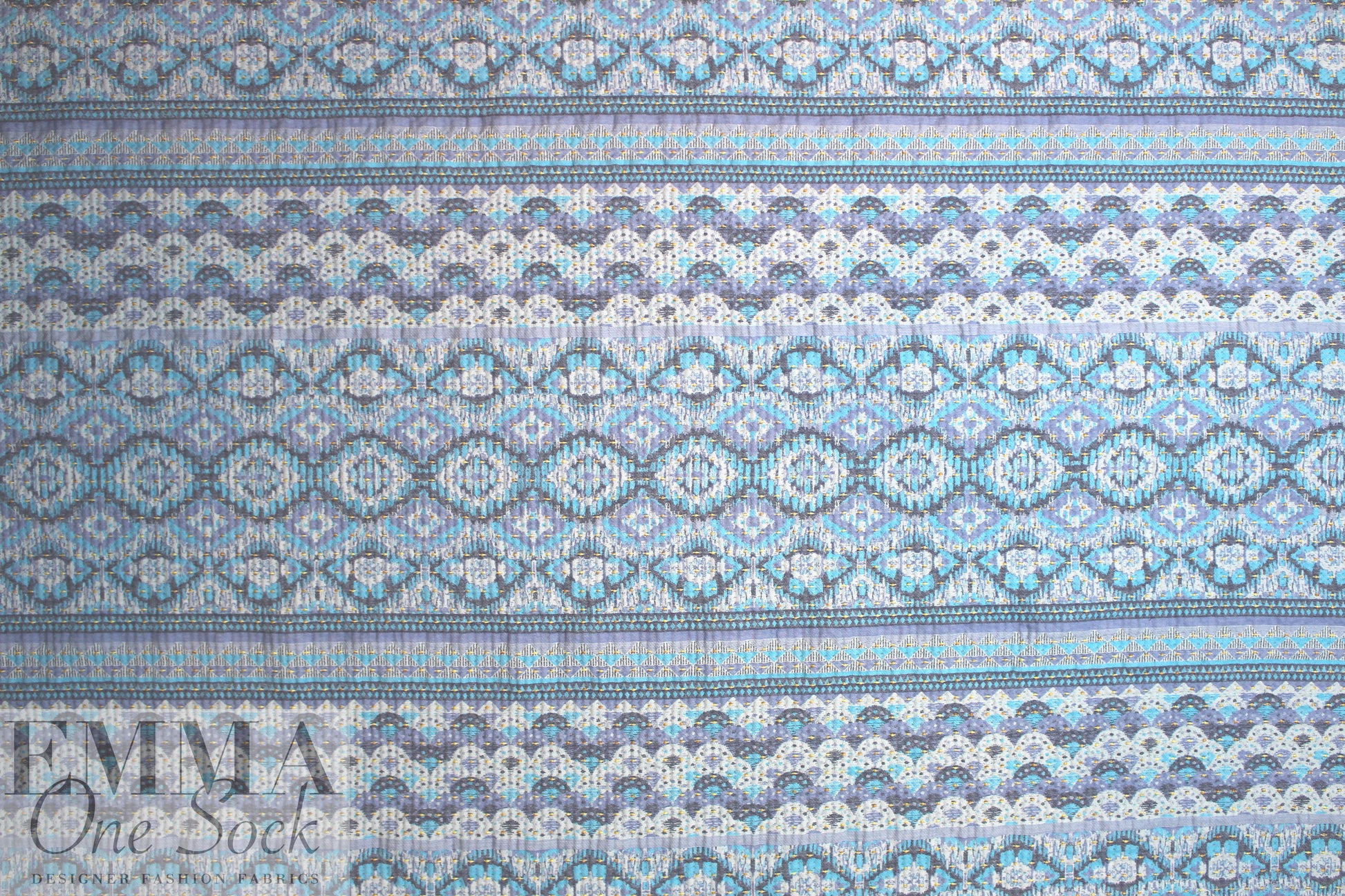 French turquoise/denim/maize graphic stripey brocade