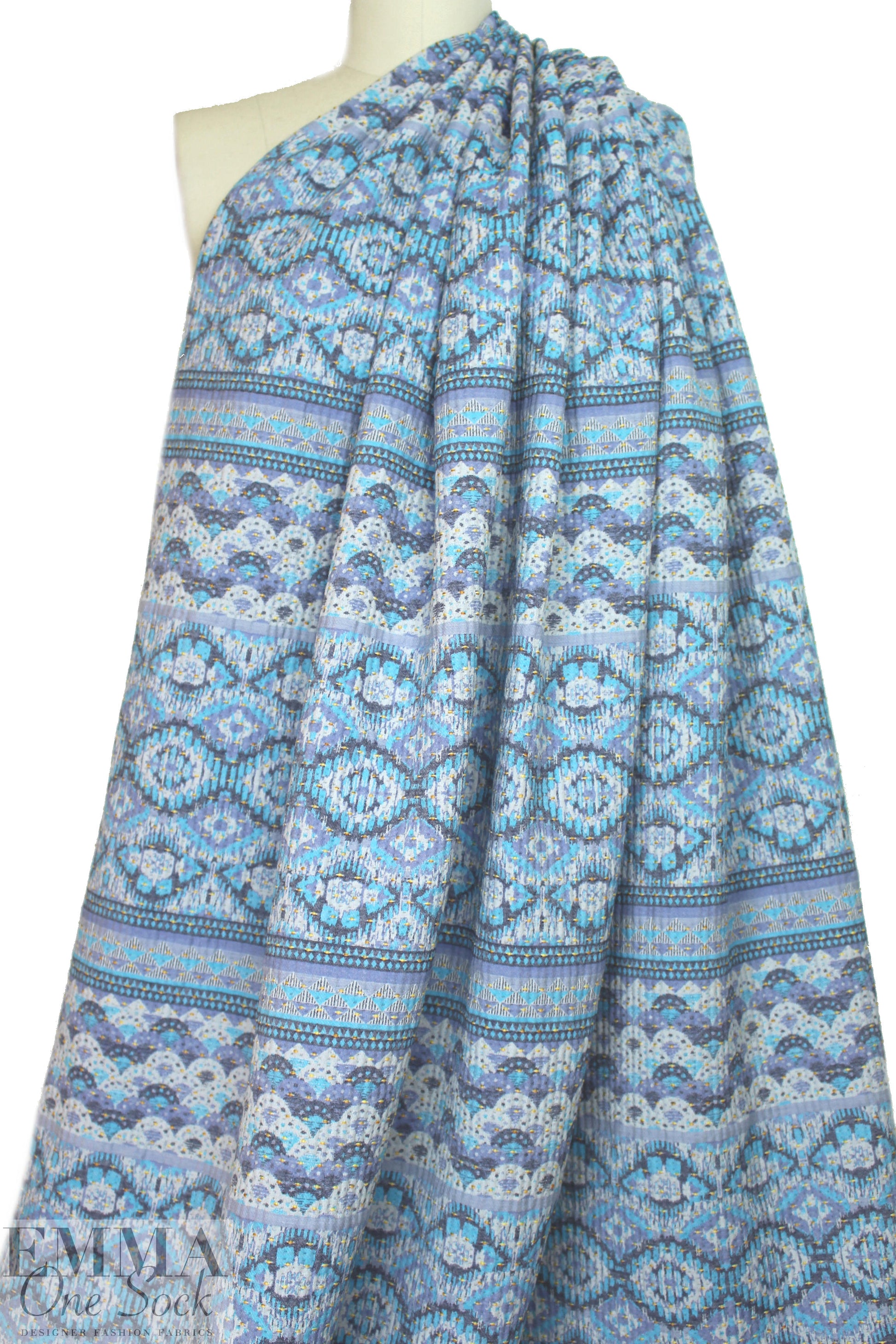 French turquoise/denim/maize graphic stripey brocade