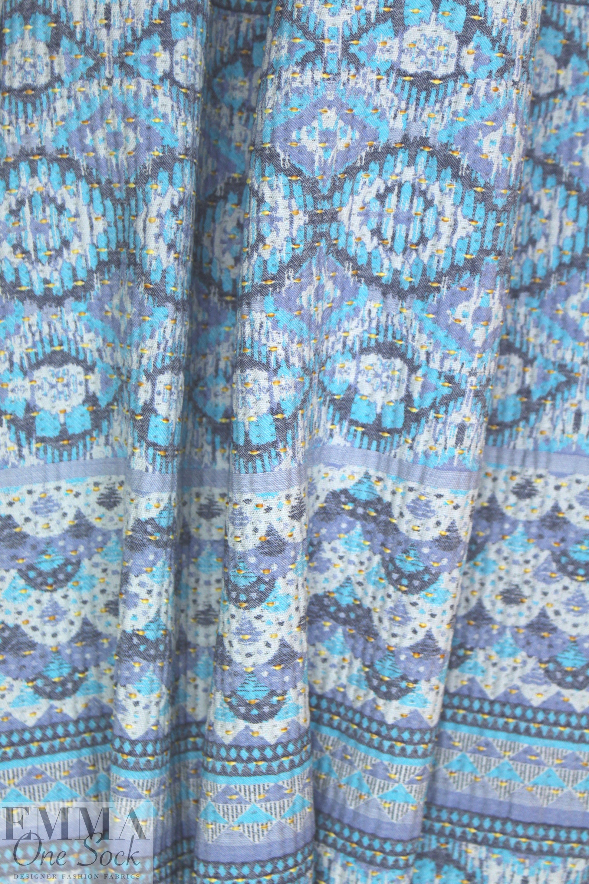 French turquoise/denim/maize graphic stripey brocade