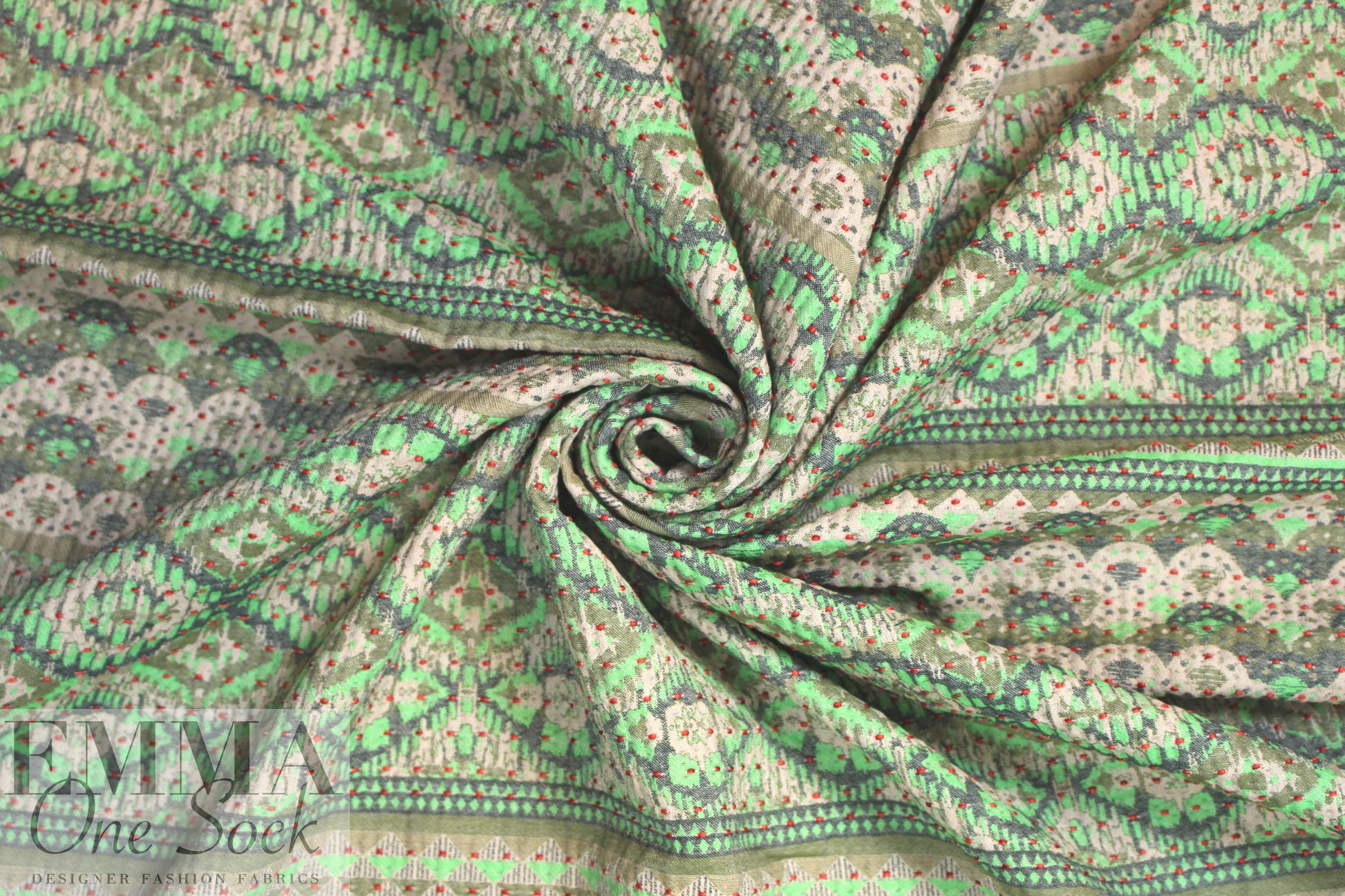 French spearmint/khaki/red graphic stripey brocade 1.5 yds