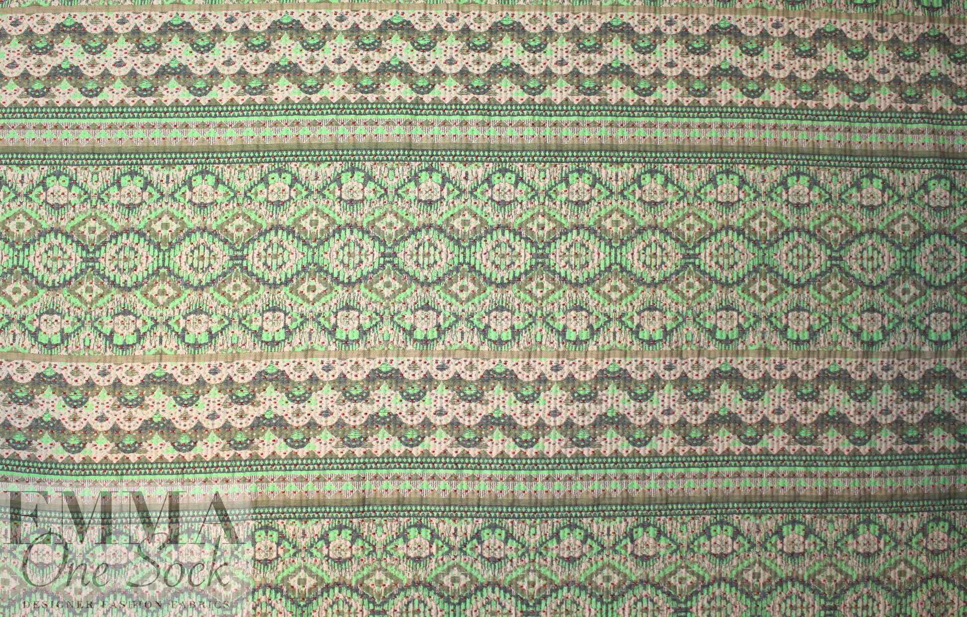 French spearmint/khaki/red graphic stripey brocade 1.5 yds
