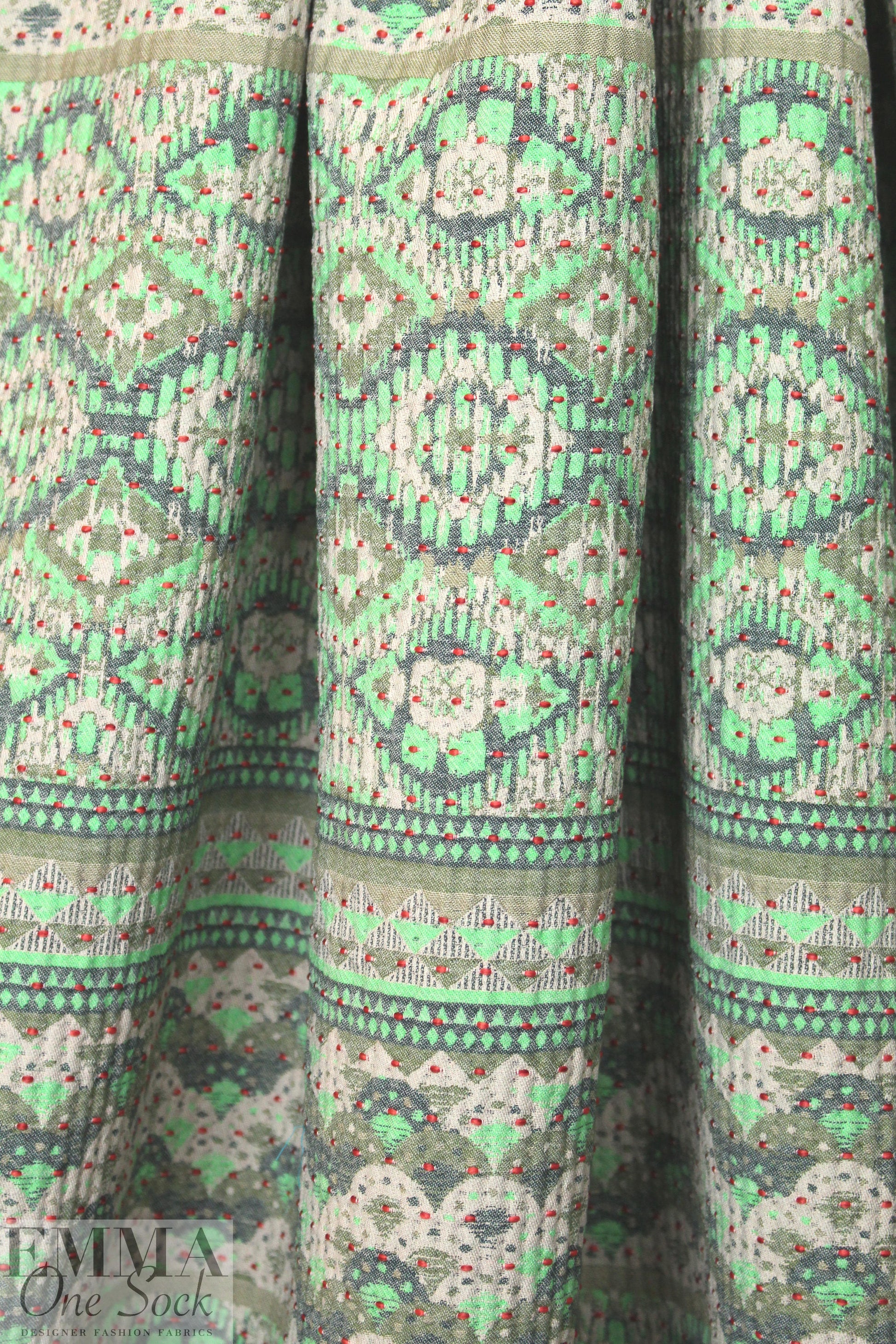 French spearmint/khaki/red graphic stripey brocade