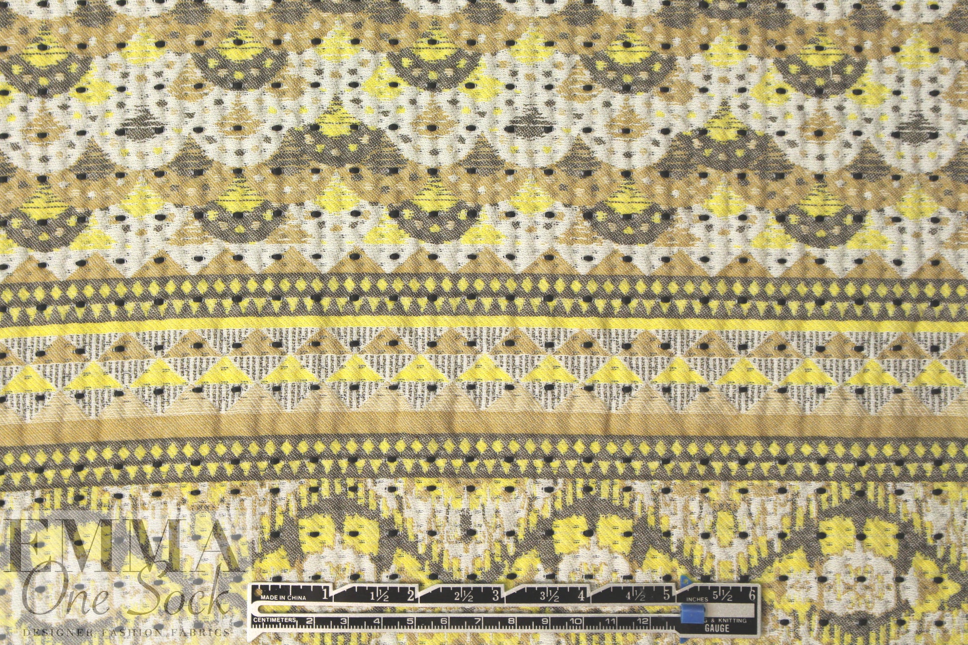 French lemon/khaki/gray graphic stripey brocade 1.66 yd