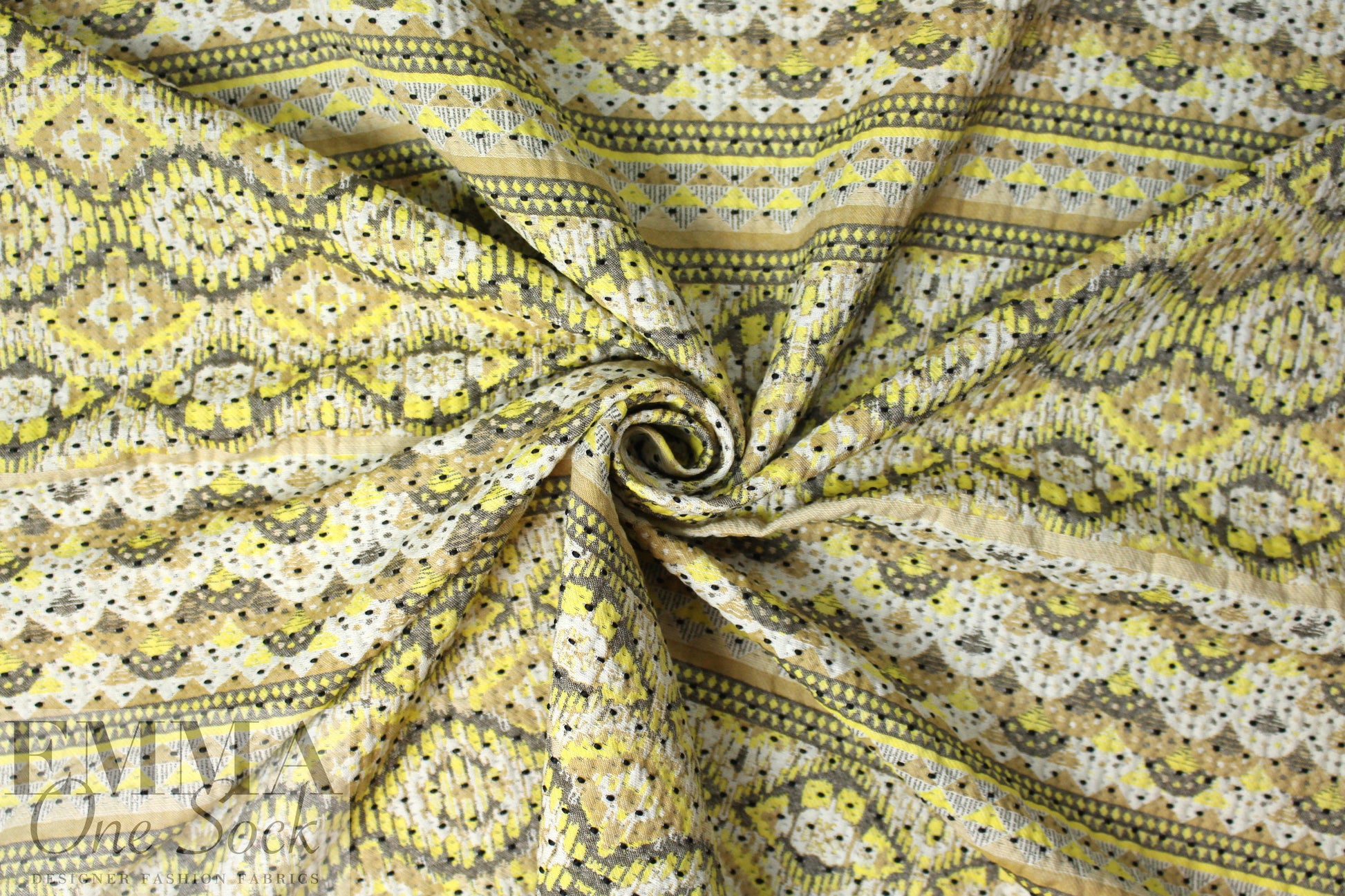 French lemon/khaki/gray graphic stripey brocade 1.75 yd