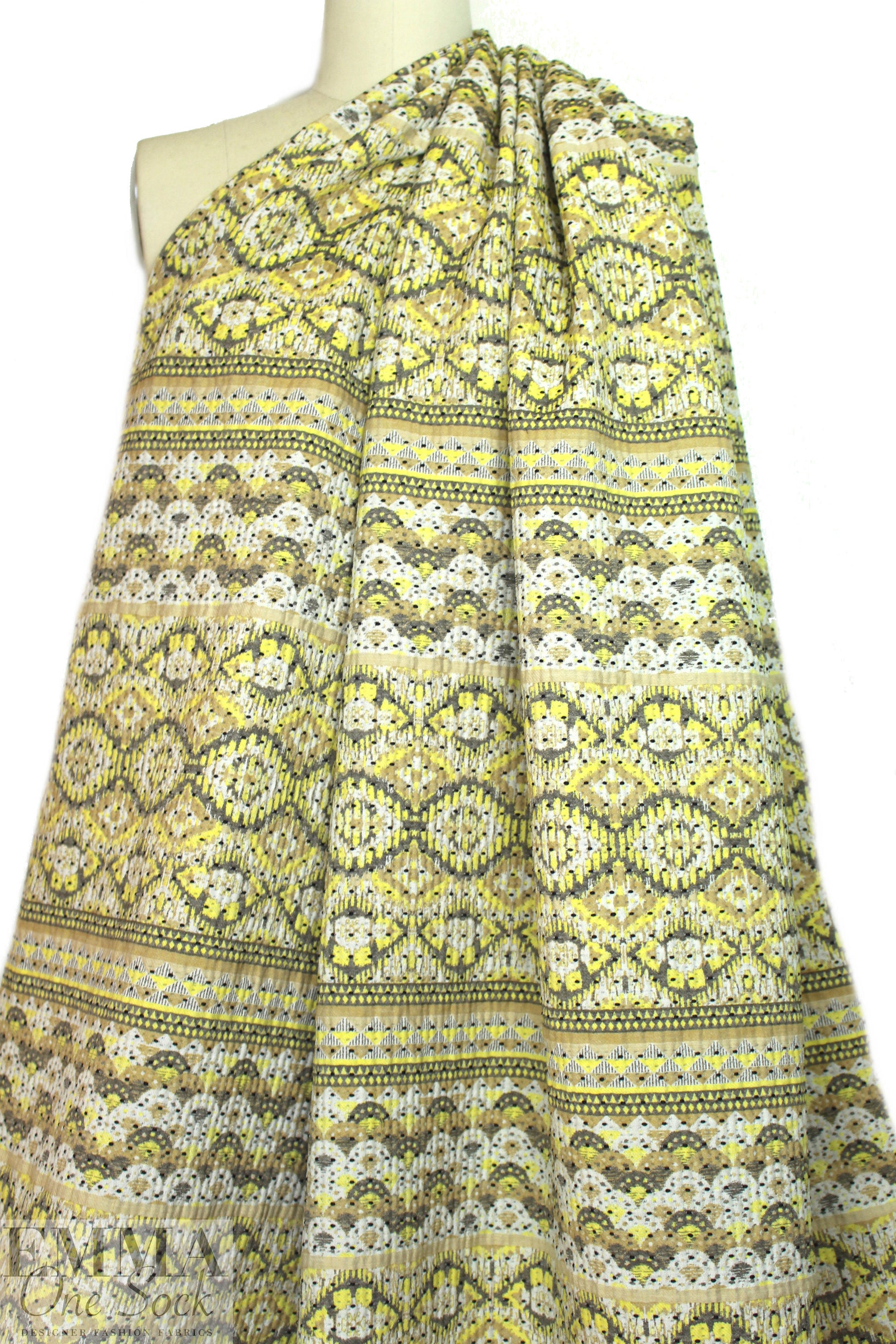 French lemon/khaki/gray graphic stripey brocade 1.75 yd
