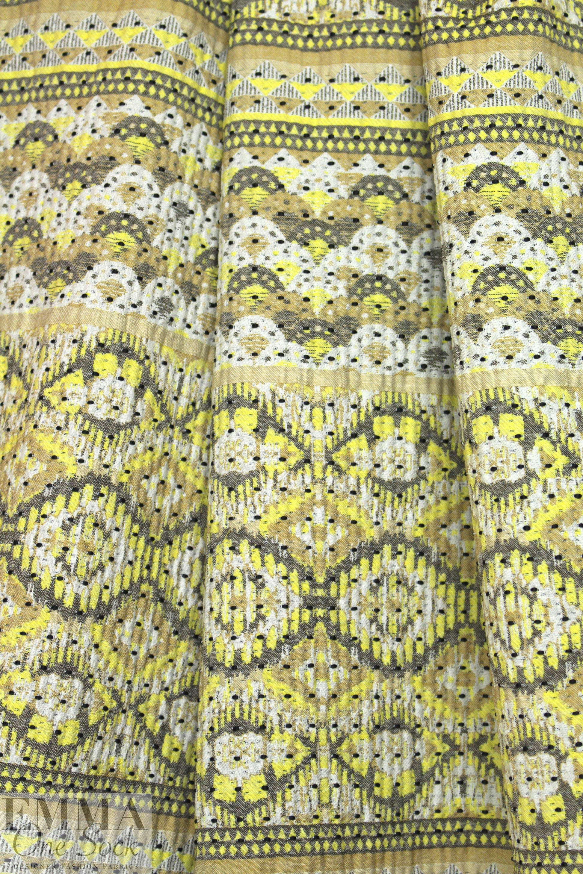 French lemon/khaki/gray graphic stripey brocade 1.75 yd