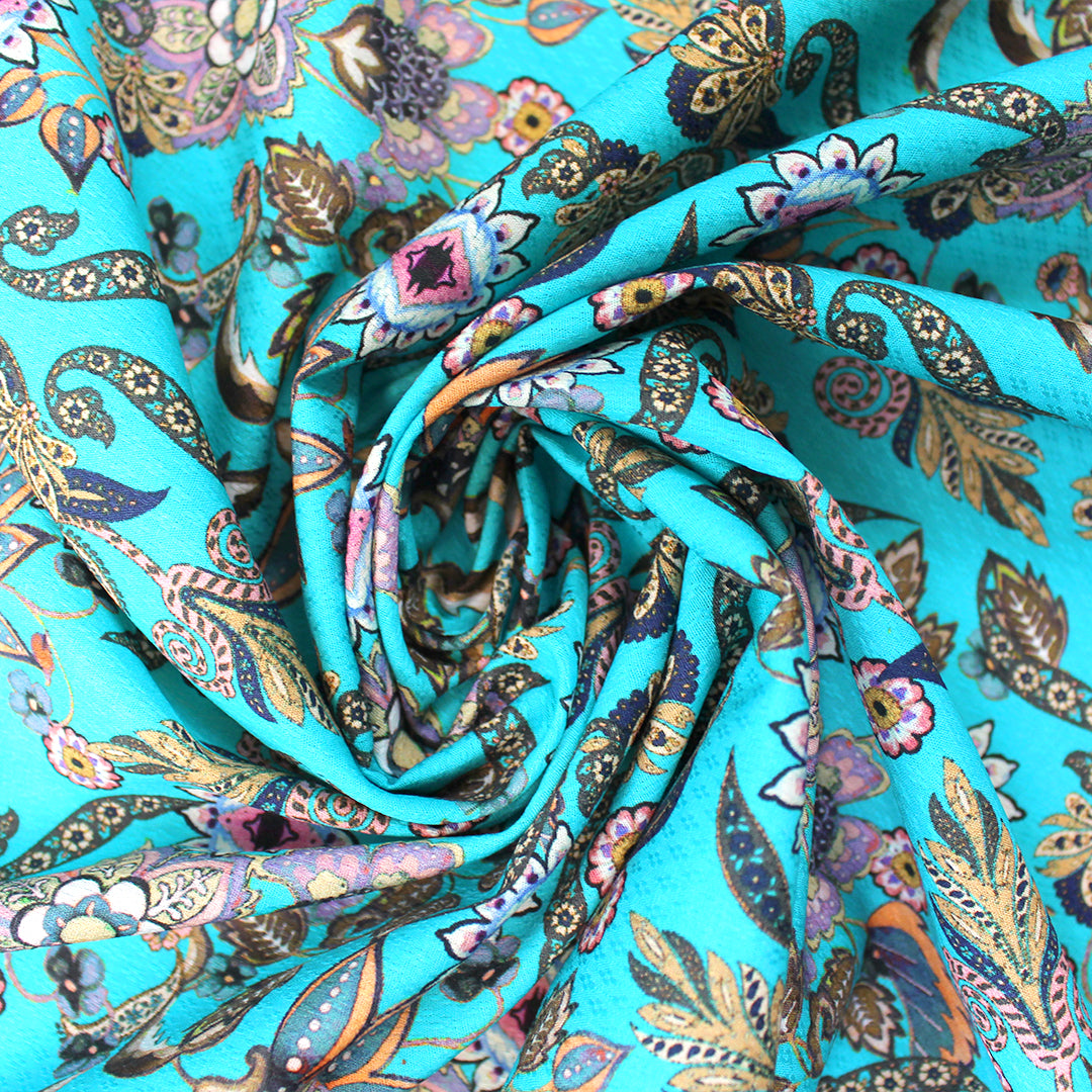 Italian floral overprinted jacquard cotton woven - turquoise 1 yard