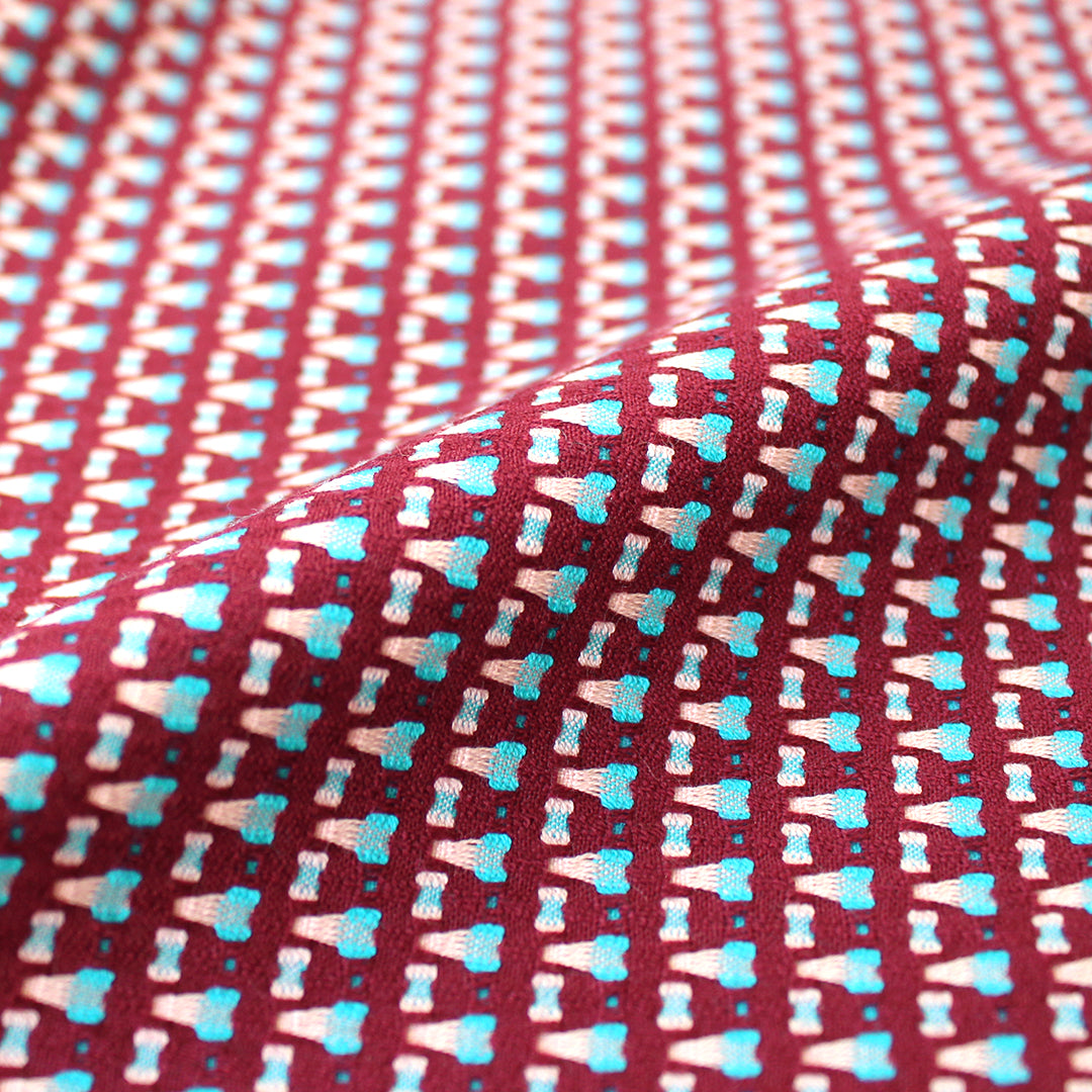 Italian reversible geometric stretch cotton suiting - sky/wine 1.75 yds