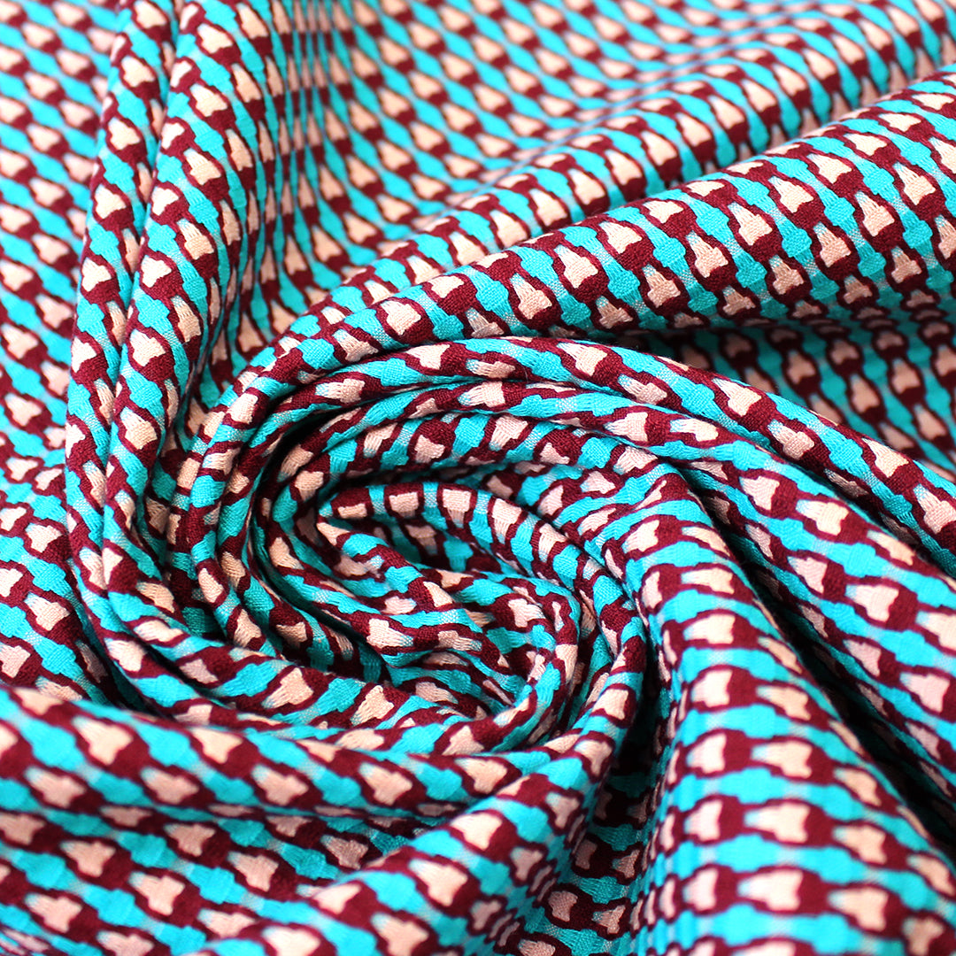 Italian reversible geometric stretch cotton suiting - sky/wine 1.75 yds