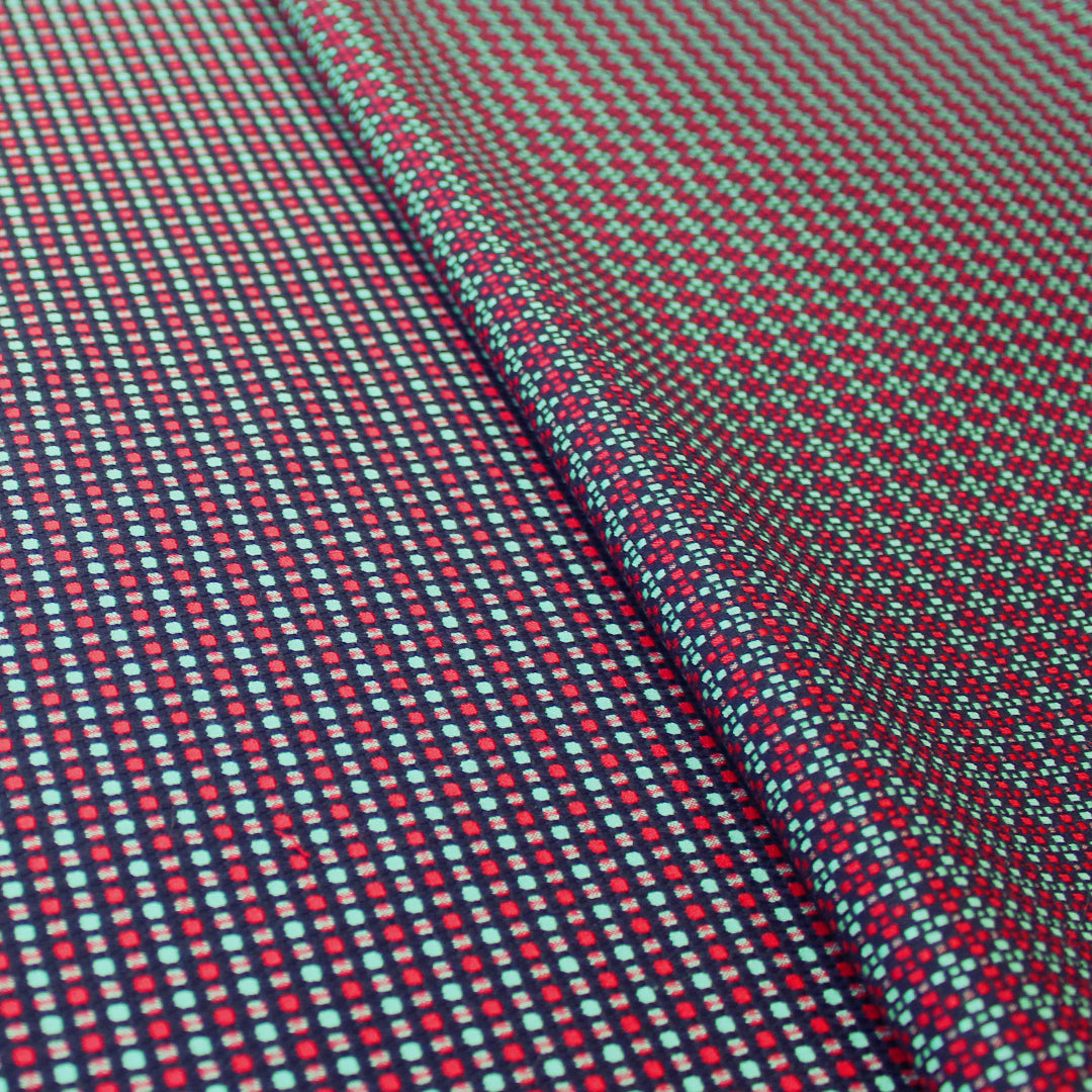 Italian reversible geometric stretch cotton suiting - aqua/cherry 1 yard