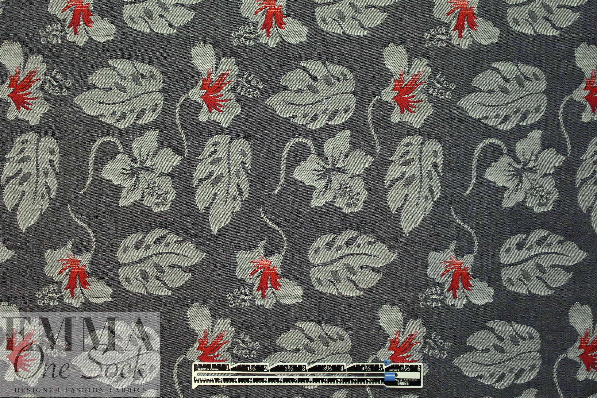French monstera/hibiscus cotton blend jacquard