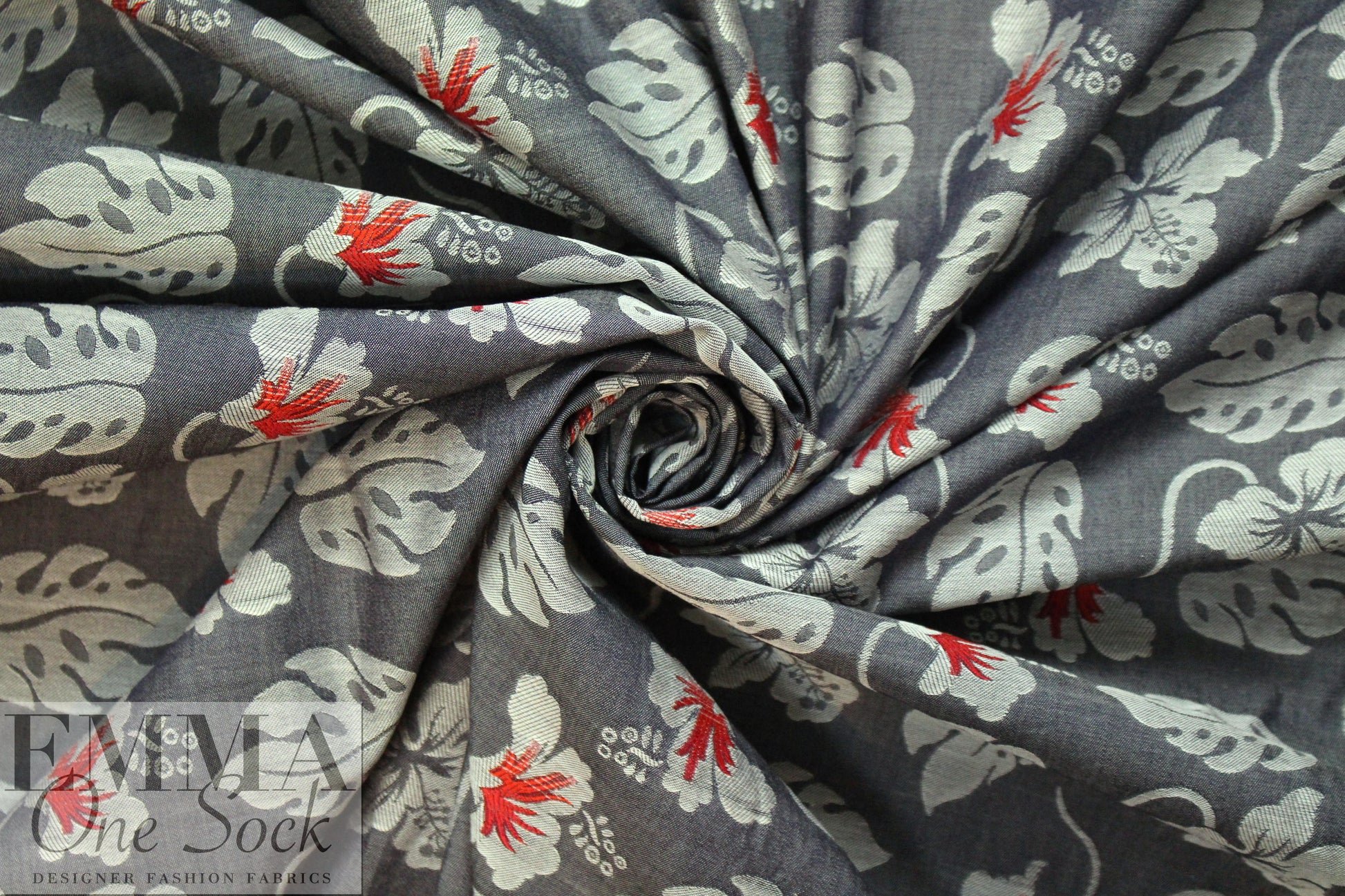 French monstera/hibiscus cotton blend jacquard