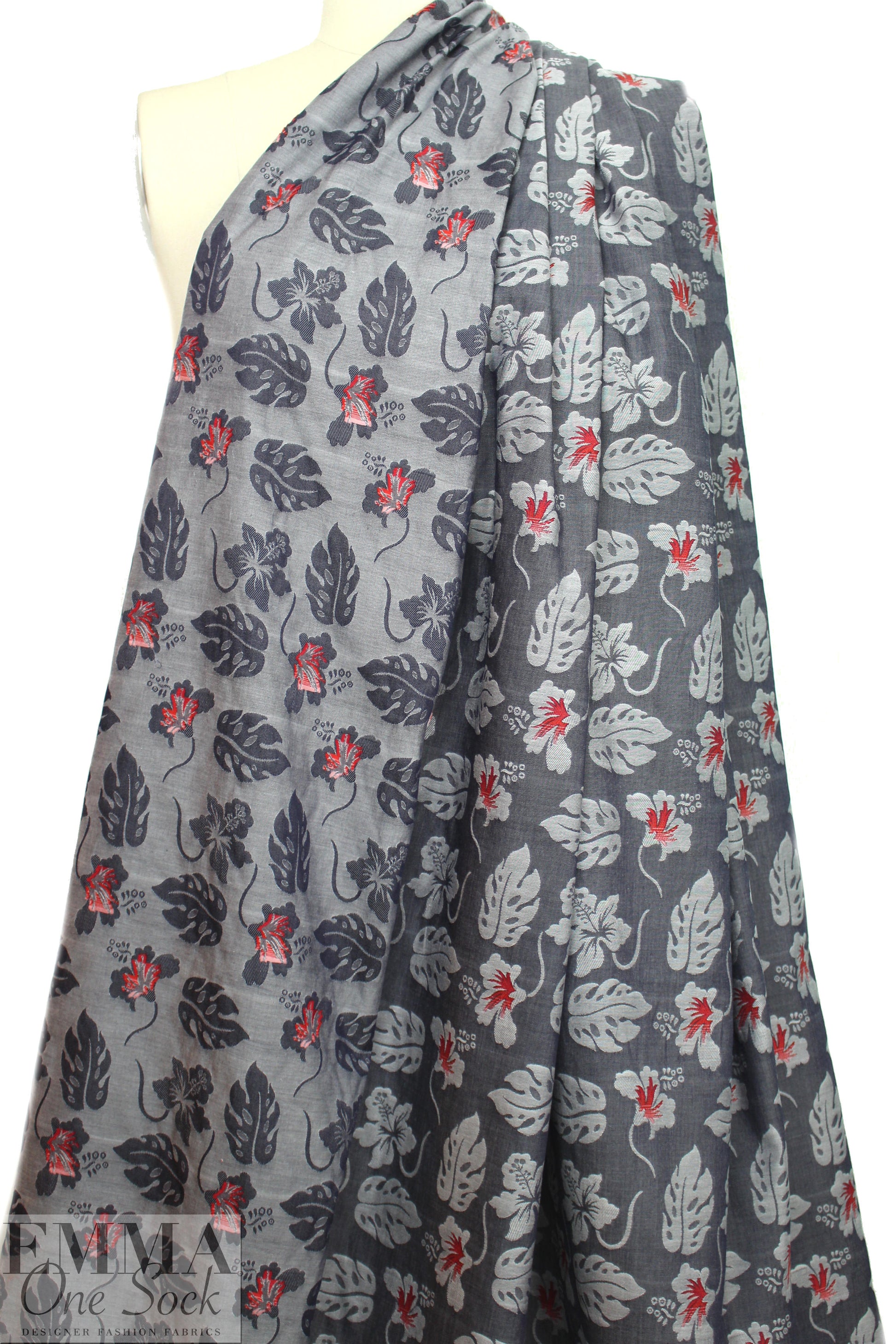French monstera/hibiscus cotton blend jacquard