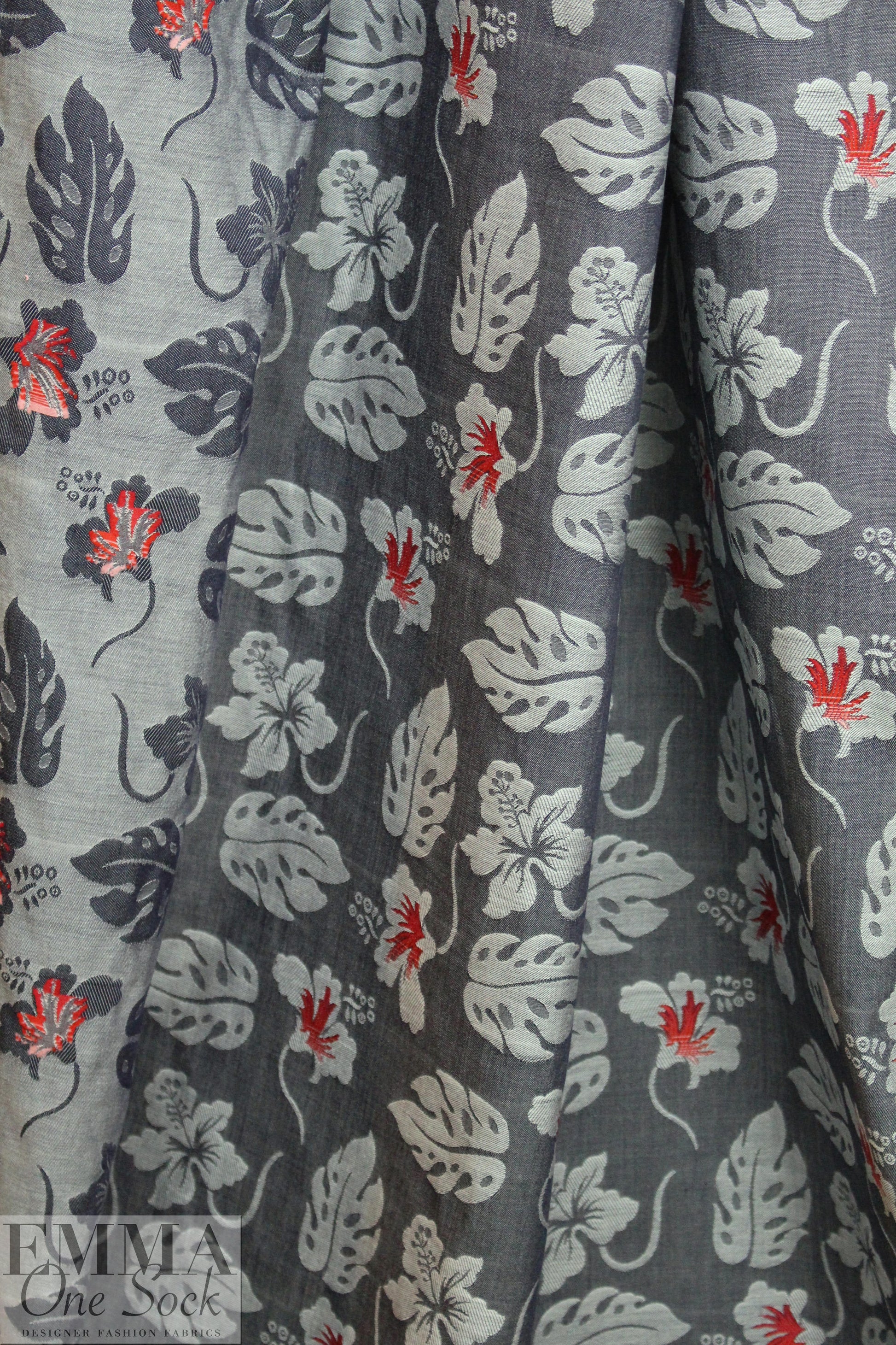 French monstera/hibiscus cotton blend jacquard