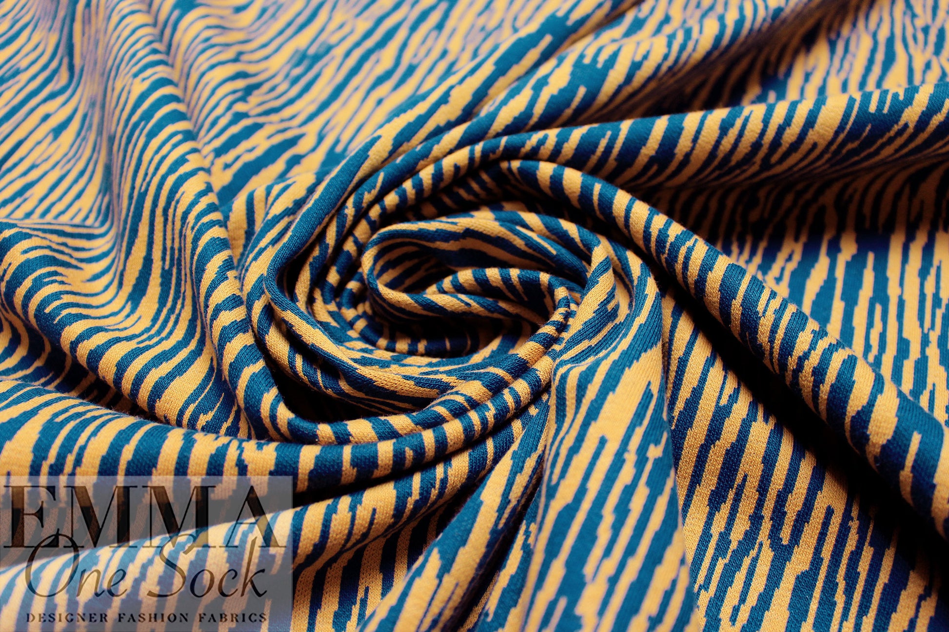 organic cotton GOTS bark jacquard knit - mustard/lagoon 1.125 yds