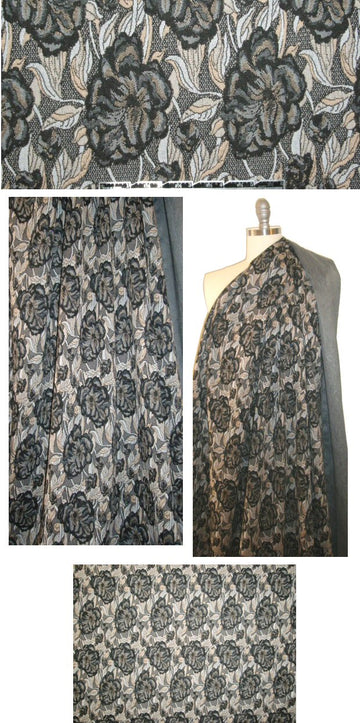 Italian stylized flower jacquard doubleknit - black/taupe