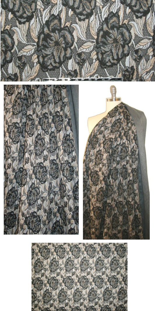 Italian stylized flower jacquard doubleknit - black/taupe
