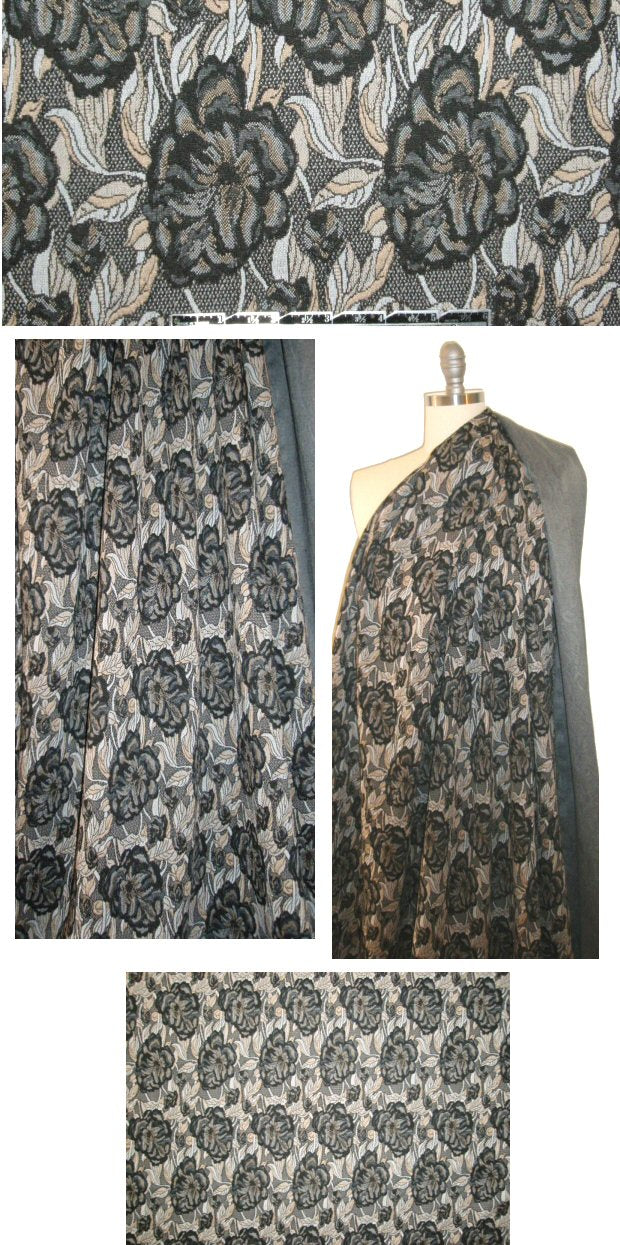 Italian stylized flower jacquard doubleknit - black/taupe 1.625 yd