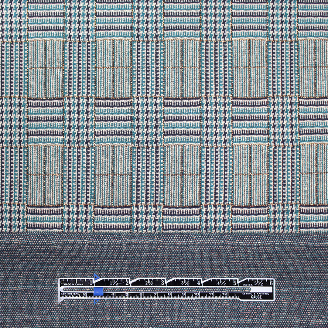 Italian yarn dyed glen plaid jacquard knit - blue tones/metallic gold 1.5 yd