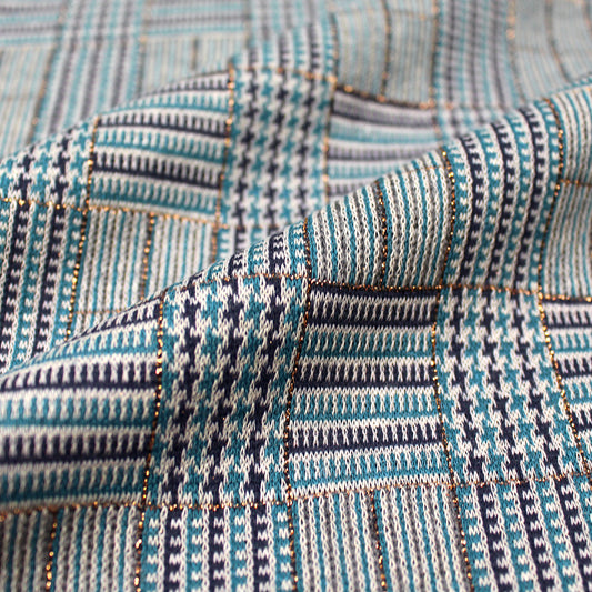 Italian yarn dyed glen plaid jacquard knit - blue tones/metallic gold 1.5 yd