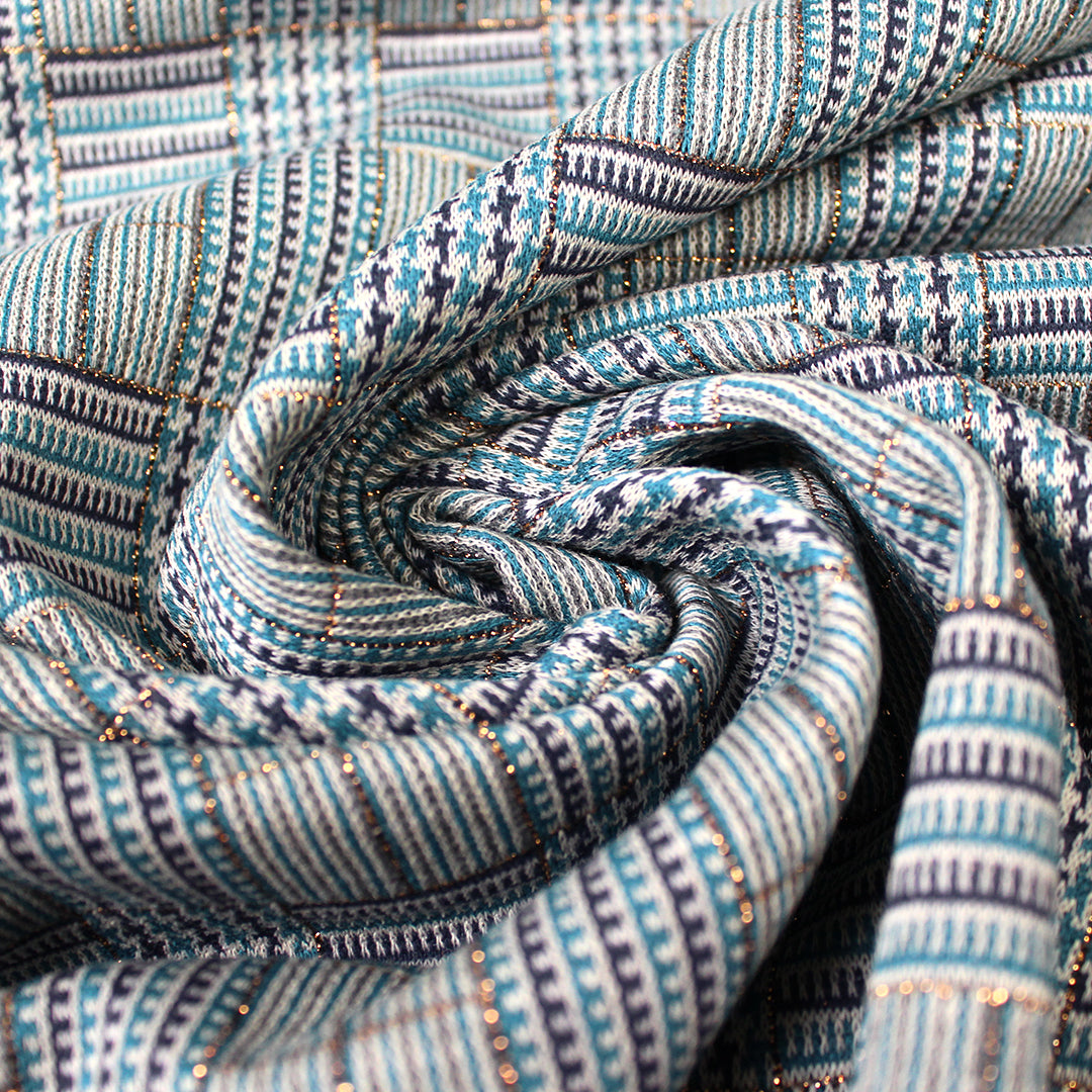 Italian yarn dyed glen plaid jacquard knit - blue tones/metallic gold 1.5 yd