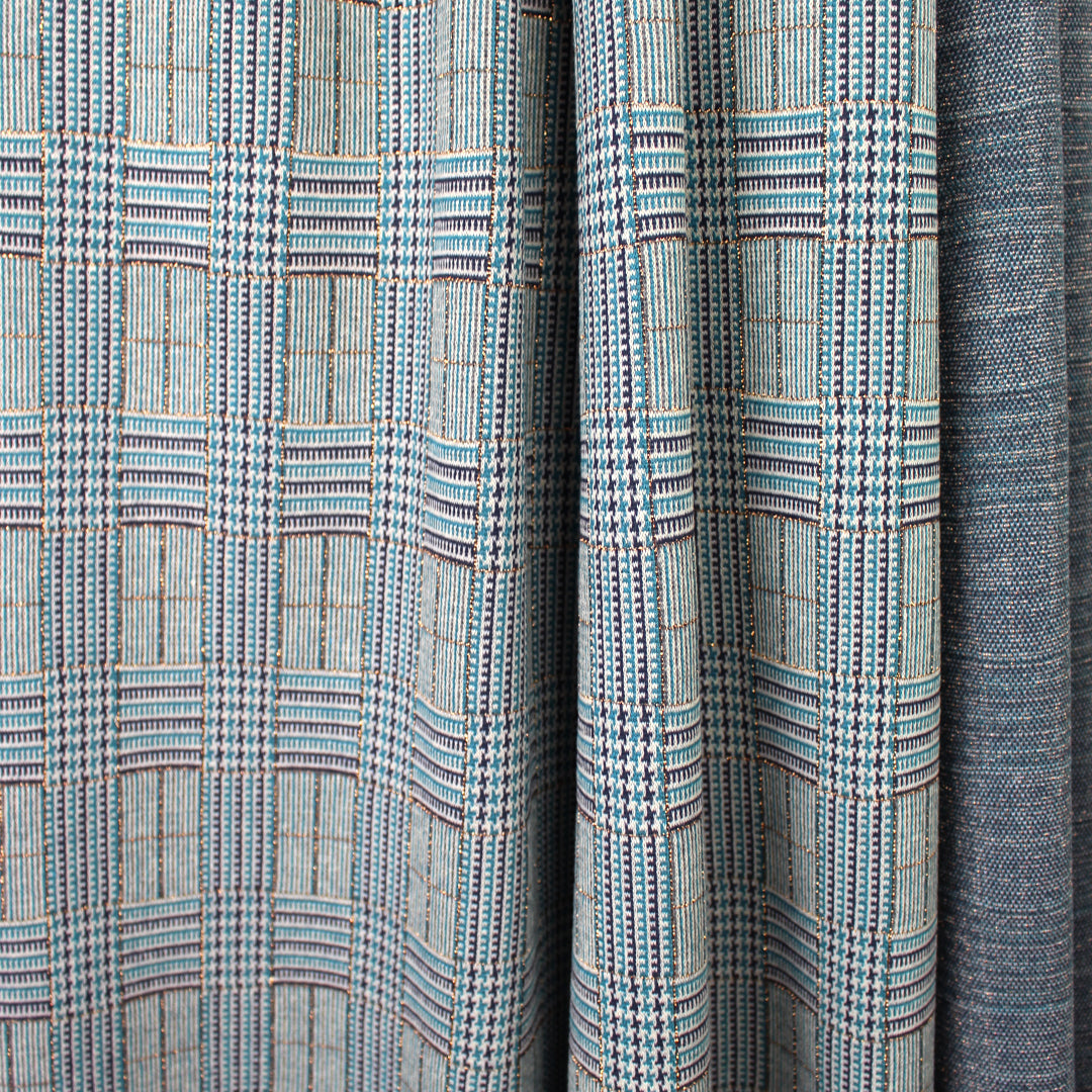 Italian yarn dyed glen plaid jacquard knit - blue tones/metallic gold 1.5 yd