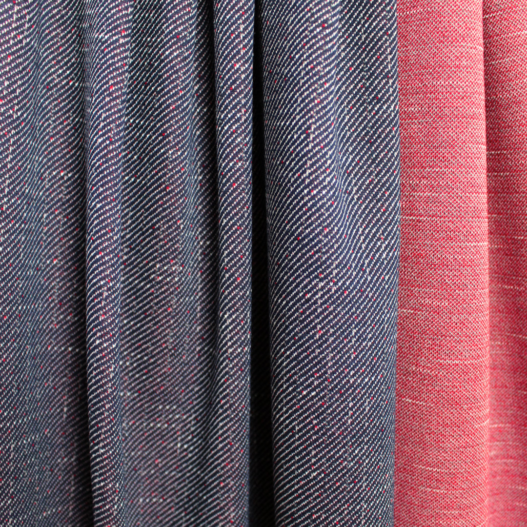 Italian speckled, tweedy jacquard 'twill' knit - denim/cherry 1.25 yds