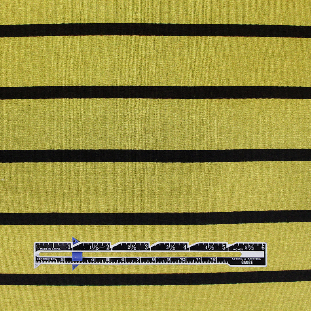 CA designer viscose 4-way jersey - green-gold/black stripe 1.375 yd