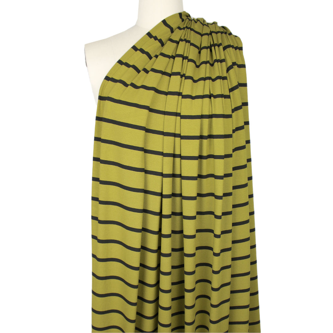 CA designer viscose 4-way jersey - green-gold/black stripe 1.125 yds