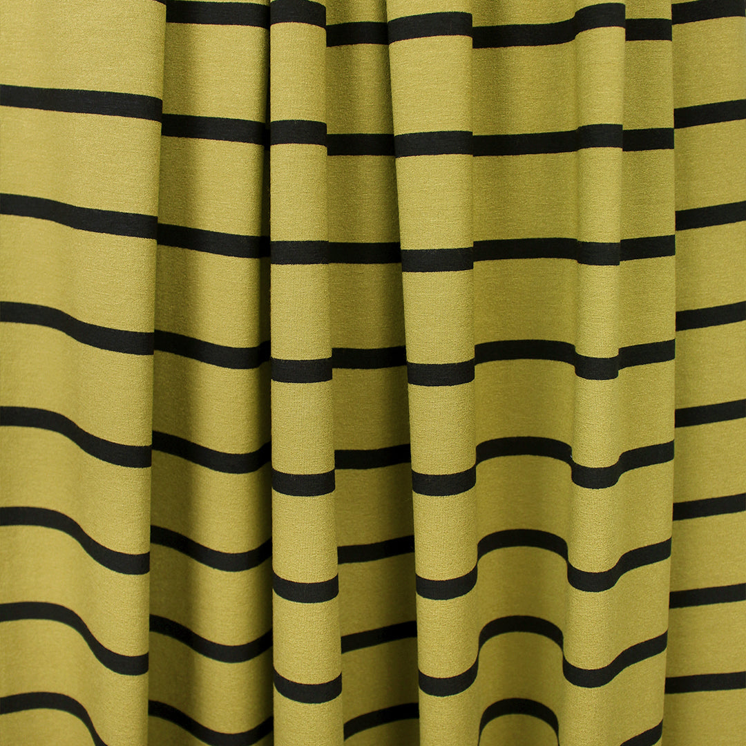 CA designer viscose 4-way jersey - green-gold/black stripe .625 yds