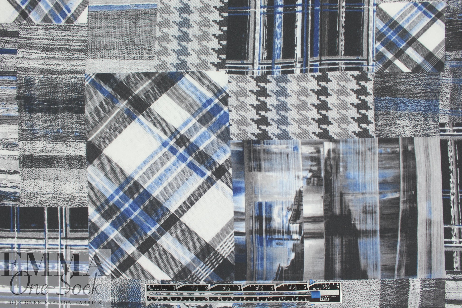 textiles patchwork poly crepe print - blue/gray