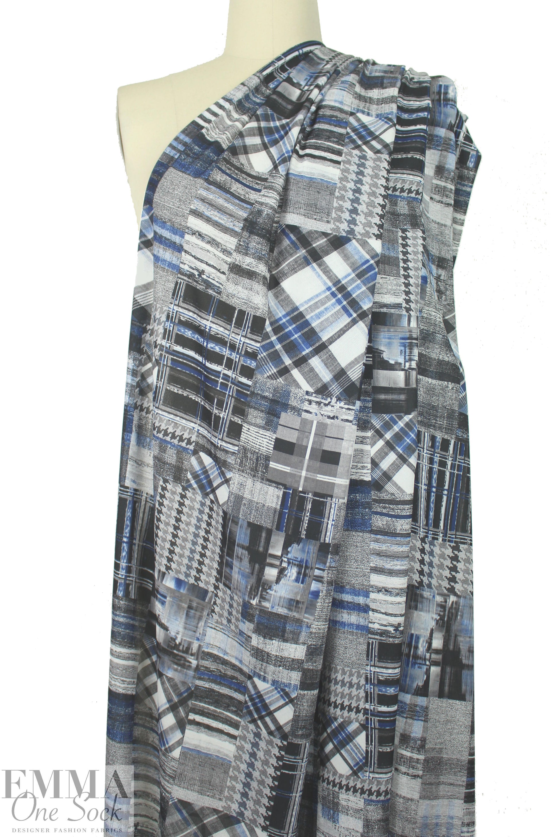 textiles patchwork poly crepe print - blue/gray