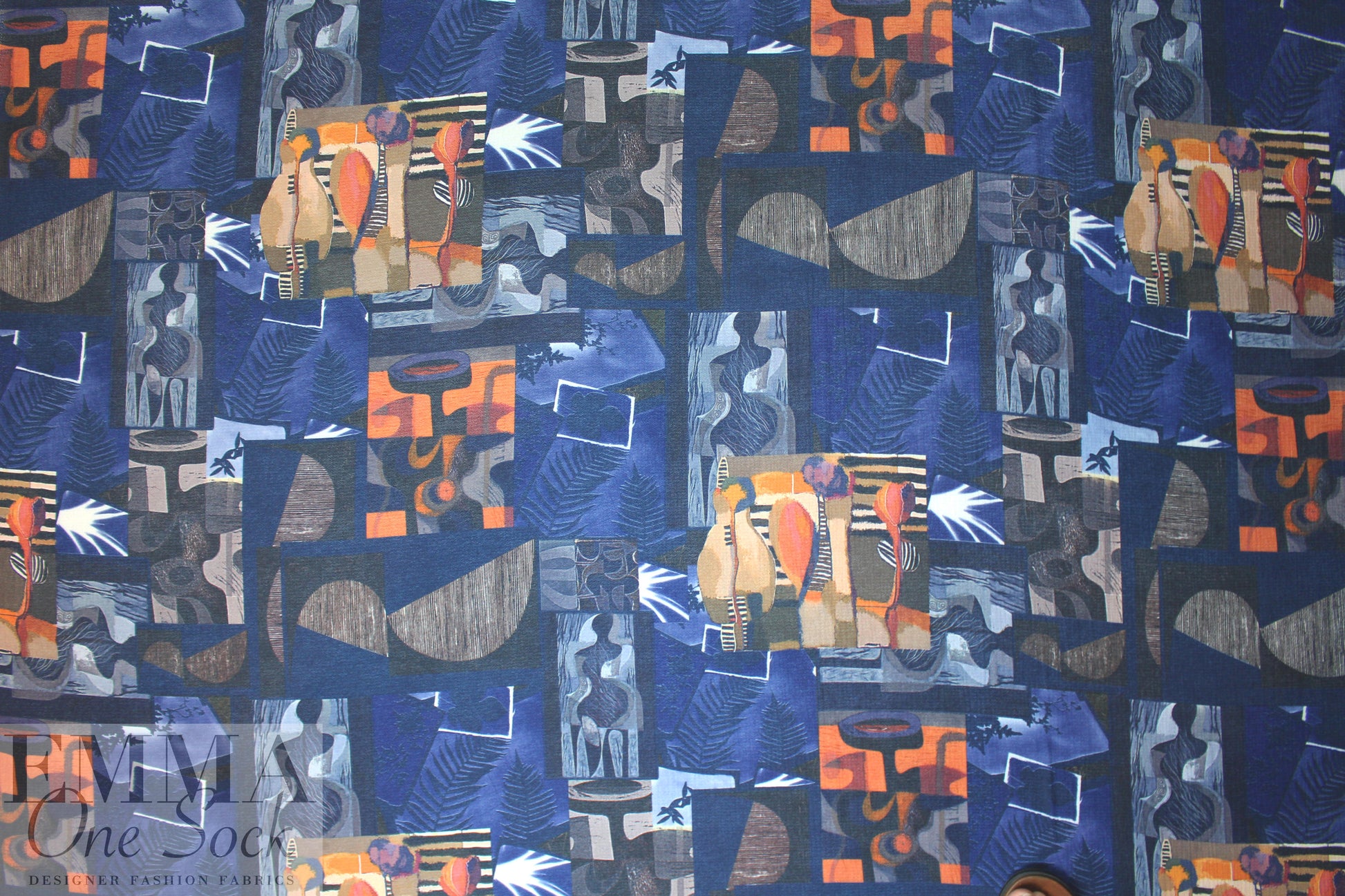 'cubism revisited' drapey pebble crepe woven - blue
