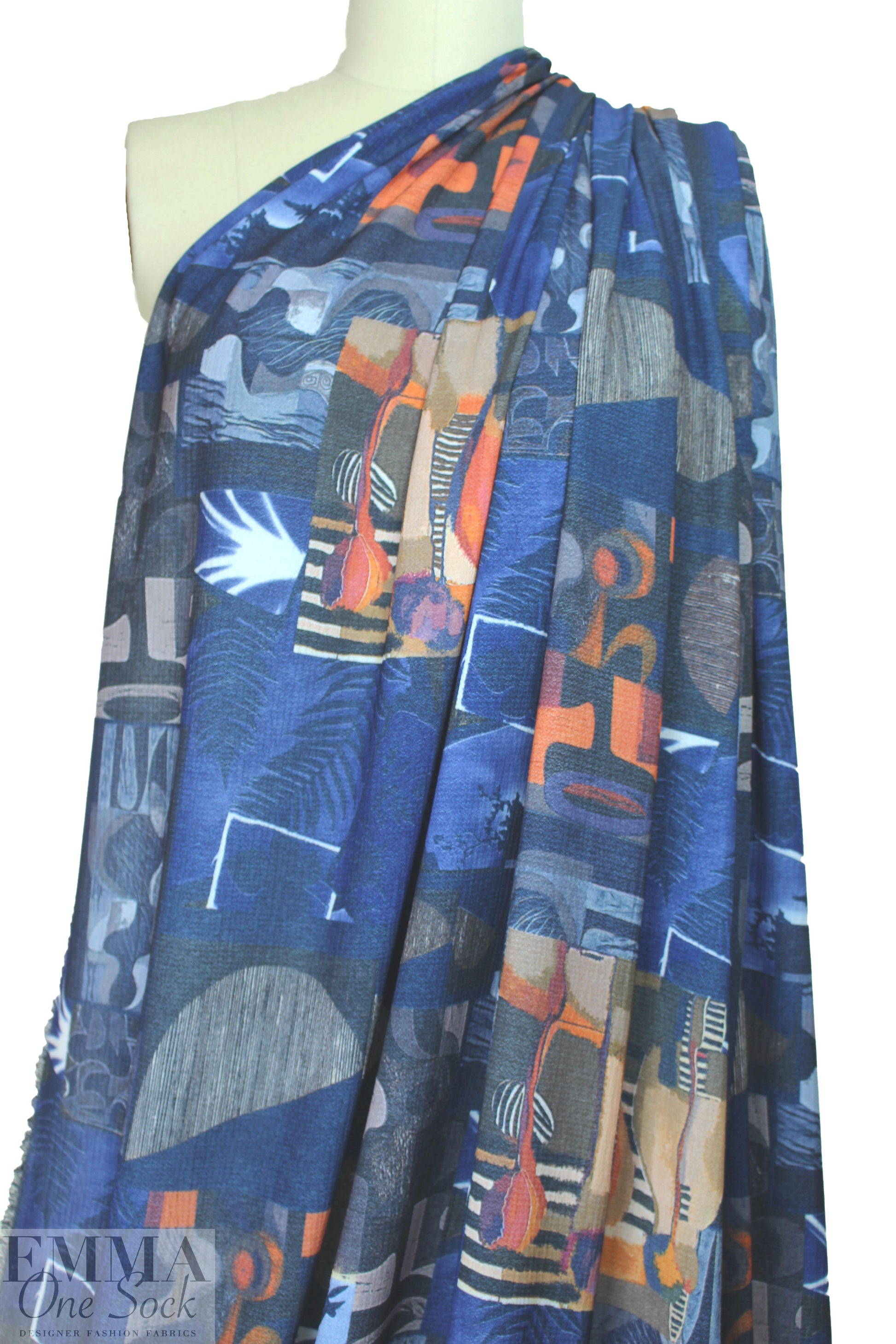 'cubism revisited' drapey pebble crepe woven - blue 1.75 yds