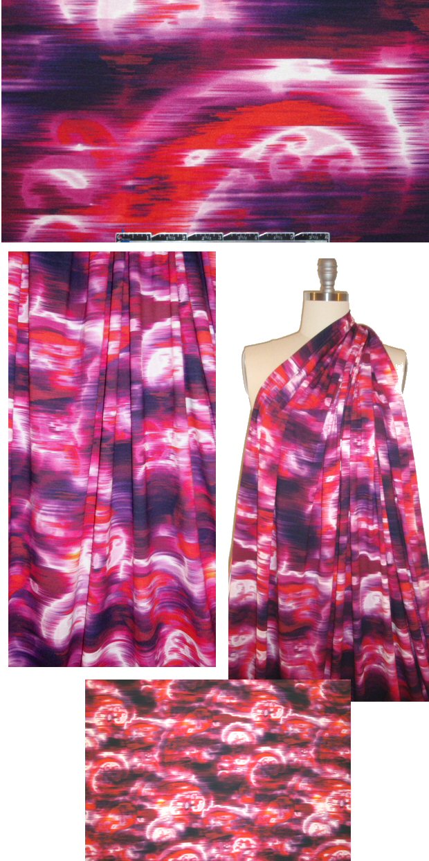 French fuschia/red/purple batiky swirl visc/lycra knit