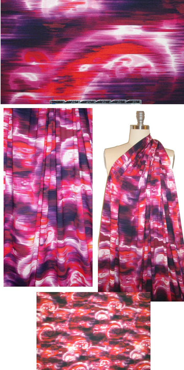 French fuschia/red/purple batiky swirl visc/lycra knit