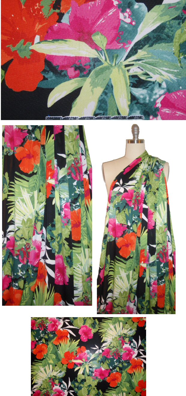 French colorful hibiscus flower poly crepe knit 1.625 yd