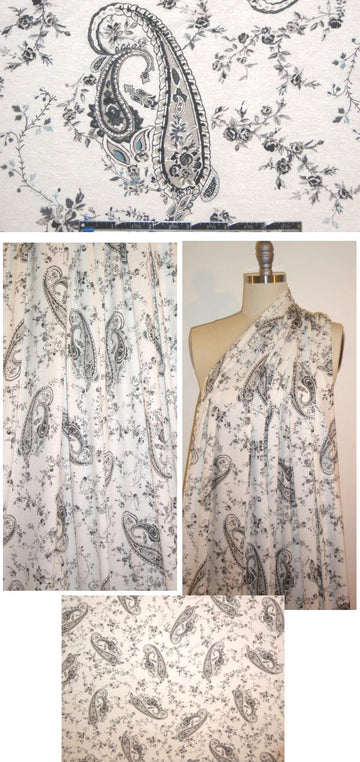 French black/white/gray/blue paisley rayon/lycra knit 1 yard