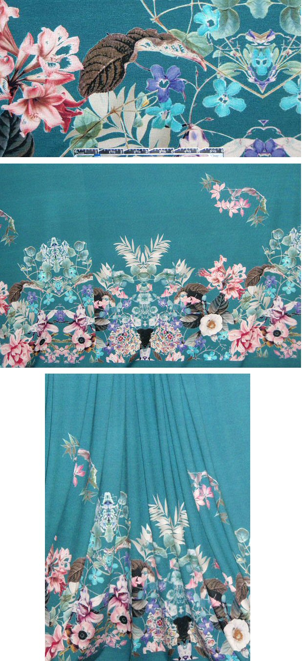 French teal garden bouquet panel knit 2 yds