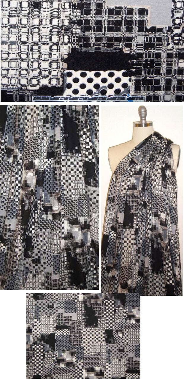 French gray/khaki graphic collage rayon/lycra knit 1.66 yd