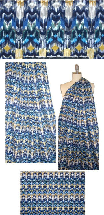 French digital tribal graphic cotton knit - blue/dijon