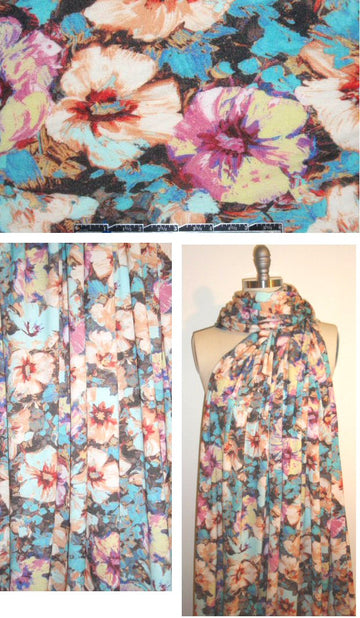 Italian peach/robin's egg painterly floral rayon/lycra knit 1.75 yd