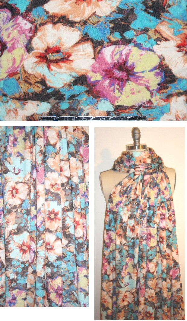 Italian peach/robin's egg painterly floral rayon/lycra knit 1.66 yd