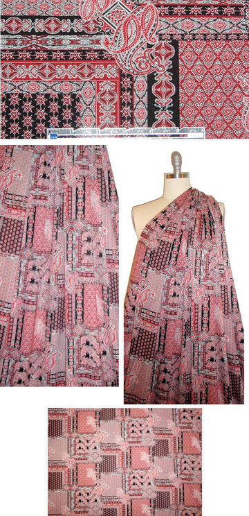 Italian digital rayon/lycra knit - claret/black patchwork