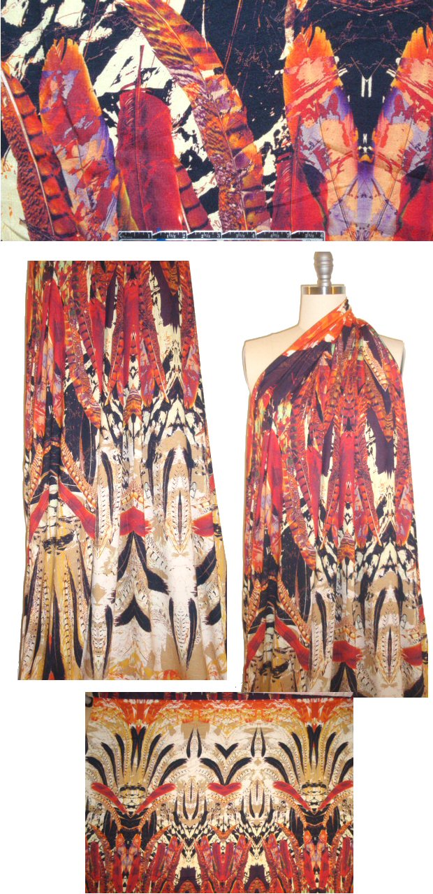 Italian 'feather totem' panel print visc/lycra knit