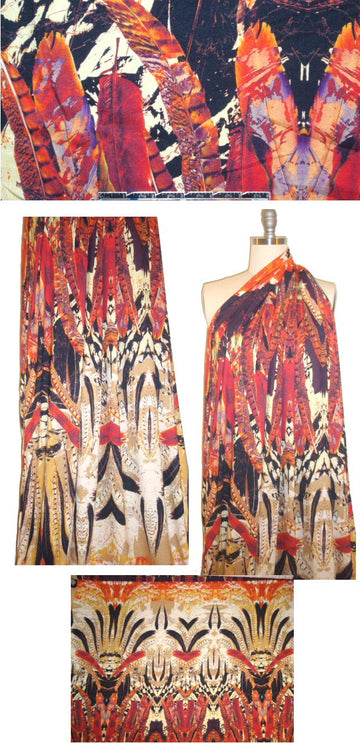 Italian 'feather totem' panel print visc/lycra knit