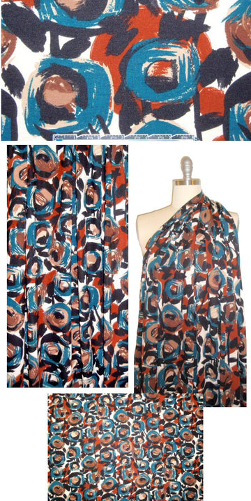 Italian digital rayon/lycra knit - teal/rust rosette