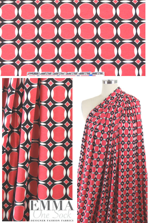 Italian black/white/coral graphic viscose/span. knit