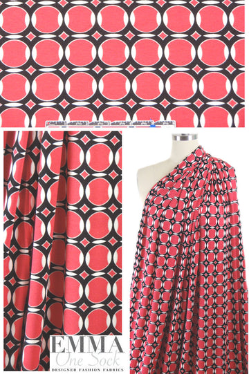 Italian black/white/coral graphic viscose/span. knit 1.5 yd
