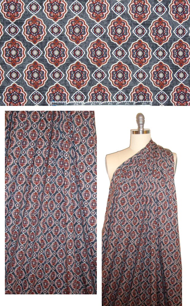 Italian digital rayon/lycra knit - gray/paprika medallion